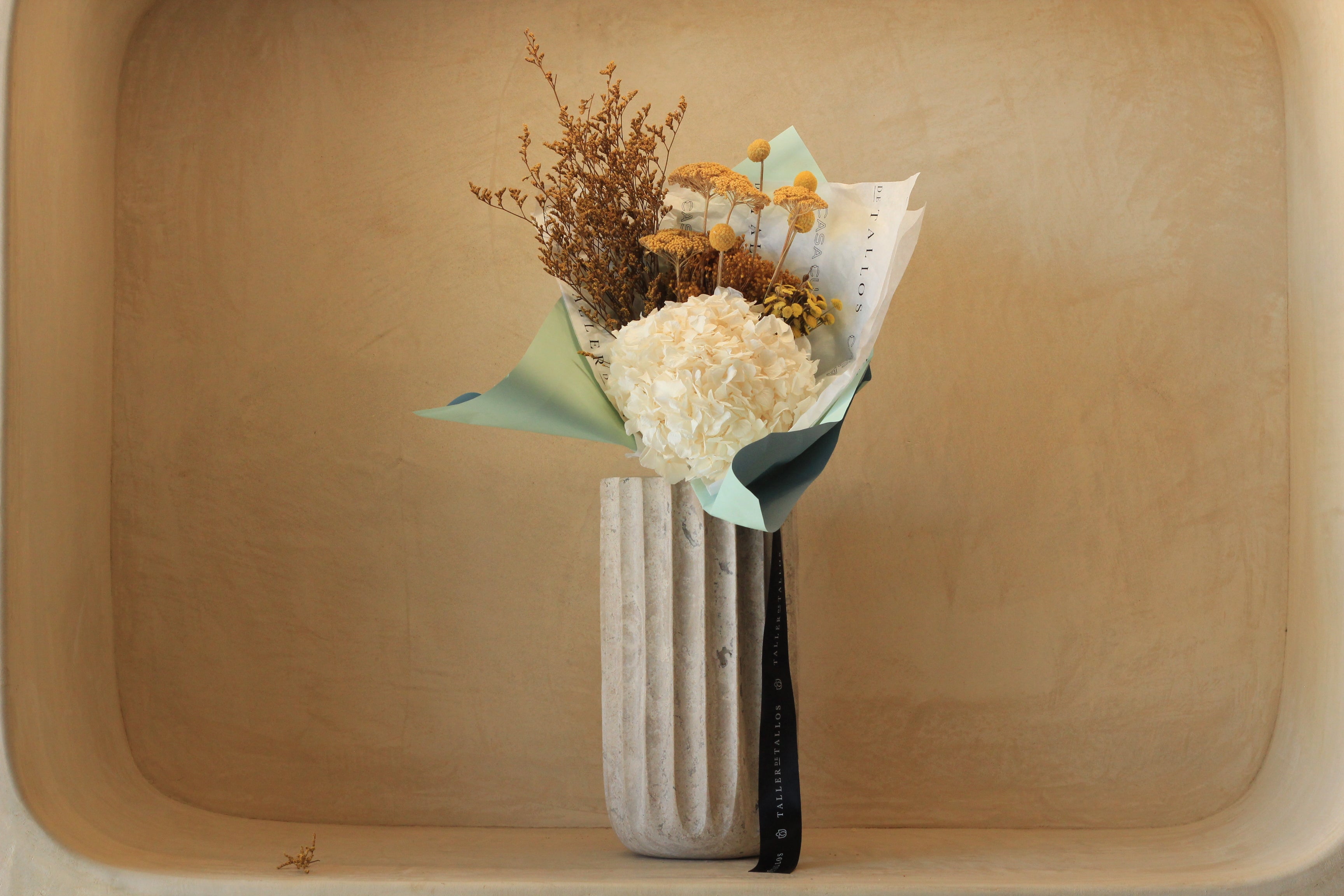 White Hydrangea + Yellow Craspedia - Preserved Flowers
